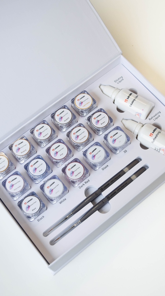 KIT DE TINTES COMPLETO (15 PASTAS + 2 LIQUIDOS + 2 PINCELES DE PORCELANA)