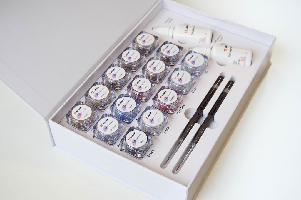 KIT DE TINTES COMPLETO (15 PASTAS + 2 LIQUIDOS + 2 PINCELES DE PORCELANA)