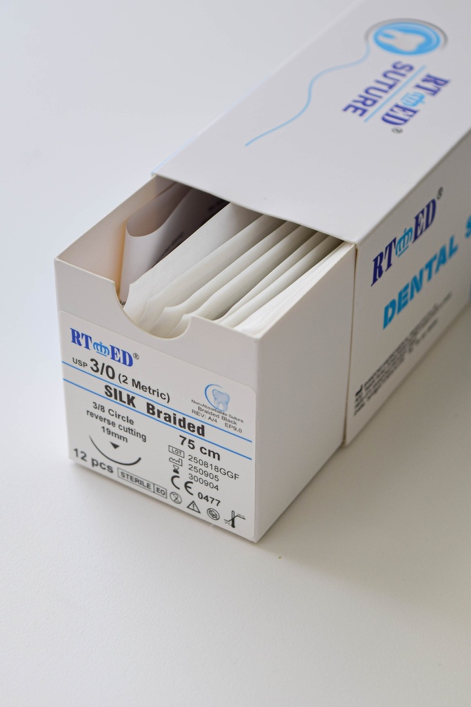 Kit de SUTURA DE SEDA 3/0.75cm LONGITUD- AGUJA 3/8 DE CÍRCULO Y 19mm LARGO x 120 uds 