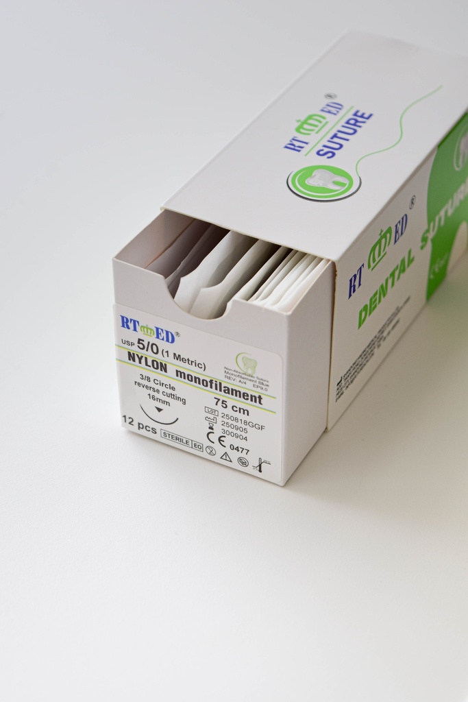 Pack de SUTURA DE NYLON 5/0.75cm LONGITUD- AGUJA 3/8 DE CÍRCULO Y 16mm LARGO x600 uds