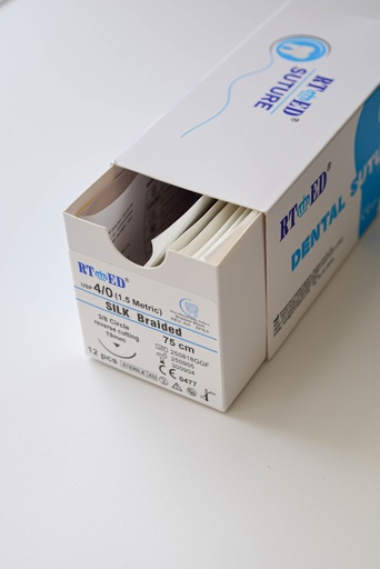 [SUT0002x12] Kit de SUTURA DE SEDA 4/0.75cm LONGITUD- AGUJA 3/8 DE CÍRCULO Y 19mm LARGO x 12 Uds